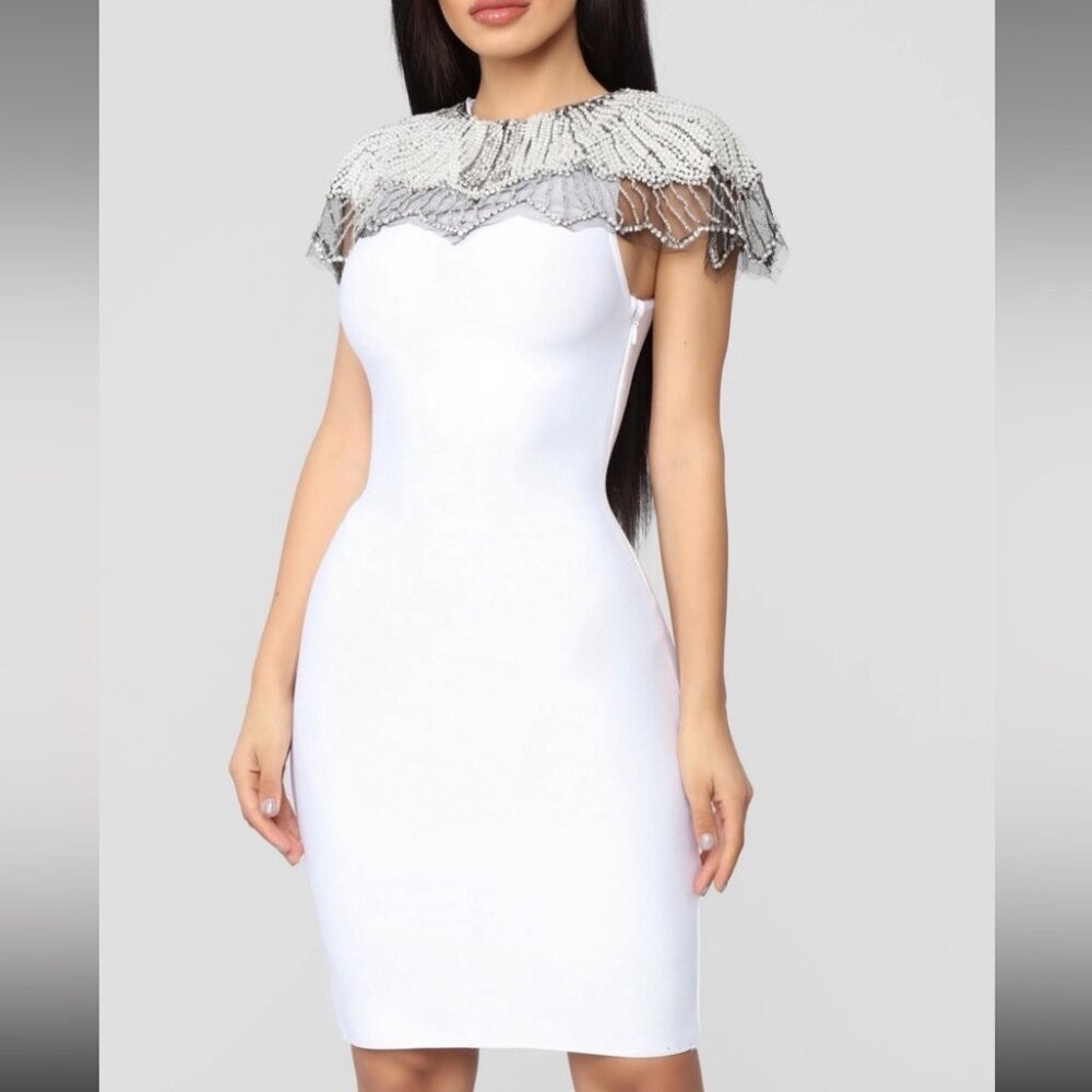 White Beaded Collar Bandage Midi Dress